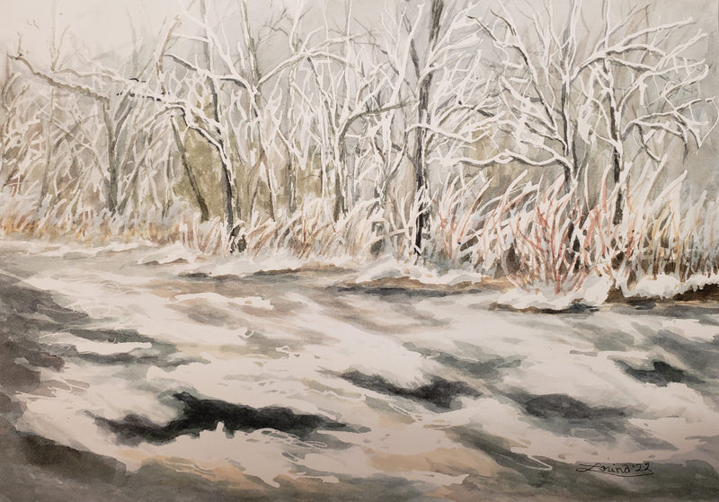 Meux Creek in Spate, watercolour by Lorina Stephens