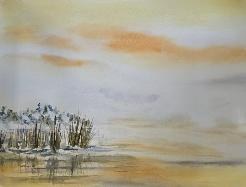 Dawn at Orangeville Reservoir, watercolour by Lorina Stephens (panel 1)