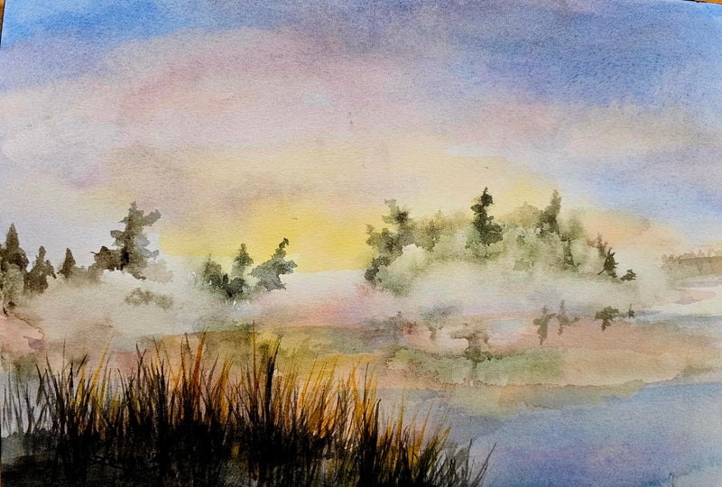 Dawn on Lake of Two Rivers, watercolour by Lorina Stephens