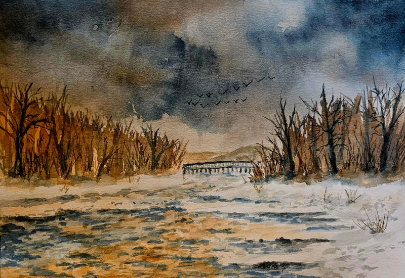 November on the Speed River, watercolour by Lorina Stephens