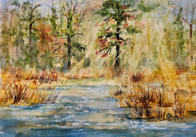 Saugeen River Sunrise, watercolour and ink by Lorina Stephens