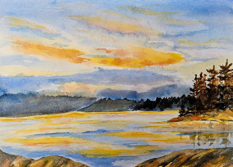 Smoke Lake Gloaming, watercolour by Lorina Stephens