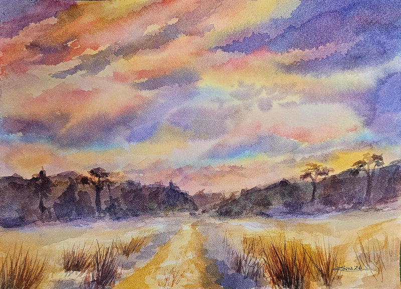Sunset at Desperate Lark Apiary, watercolour by Lorina Stephens