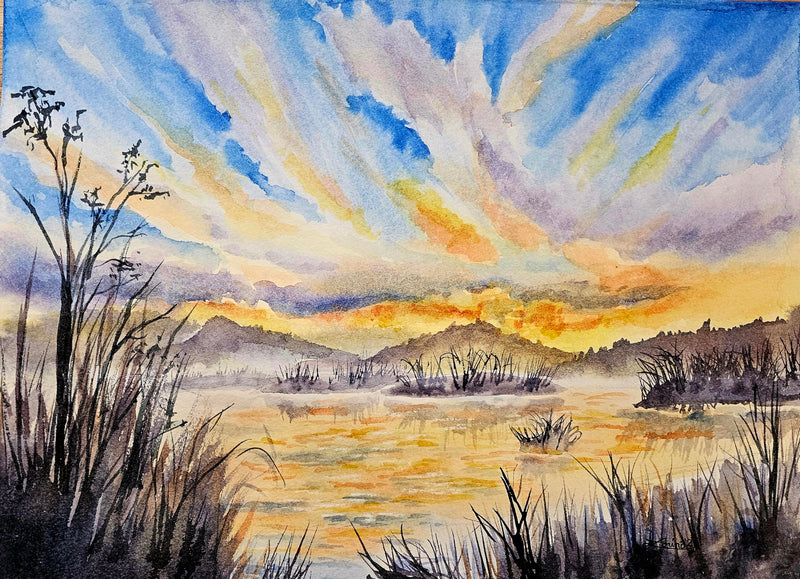 Sunset on the Fraser Valley, watercolour by Lorina Stephens