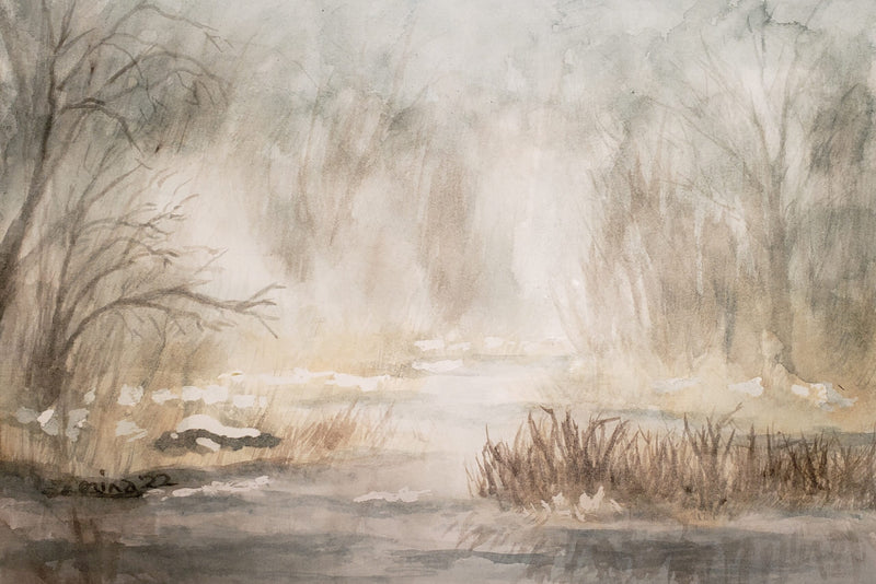 Fog on West Grey Pond, watercolour by Lorina Stephens